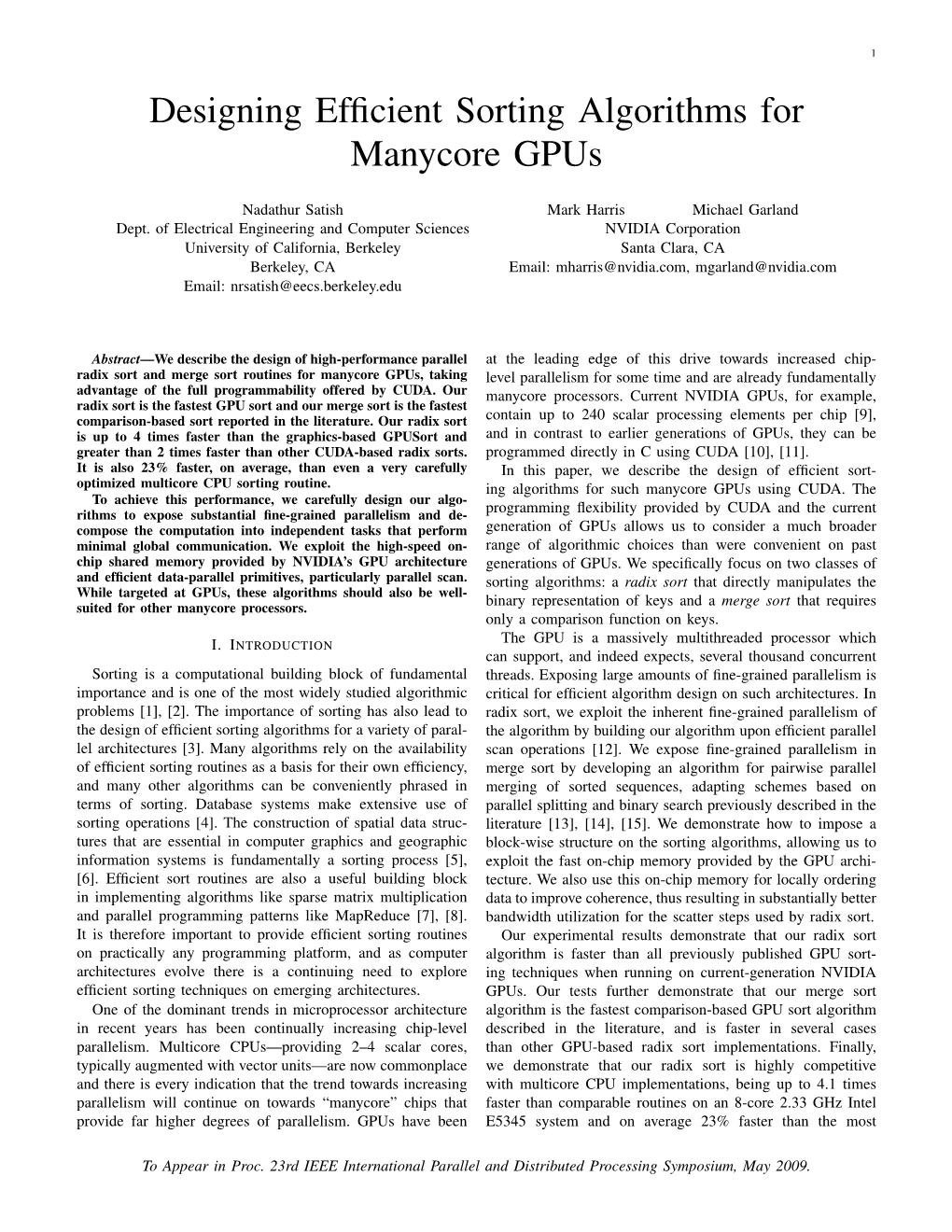 Designing Efficient Sorting Algorithms for Manycore Gpus