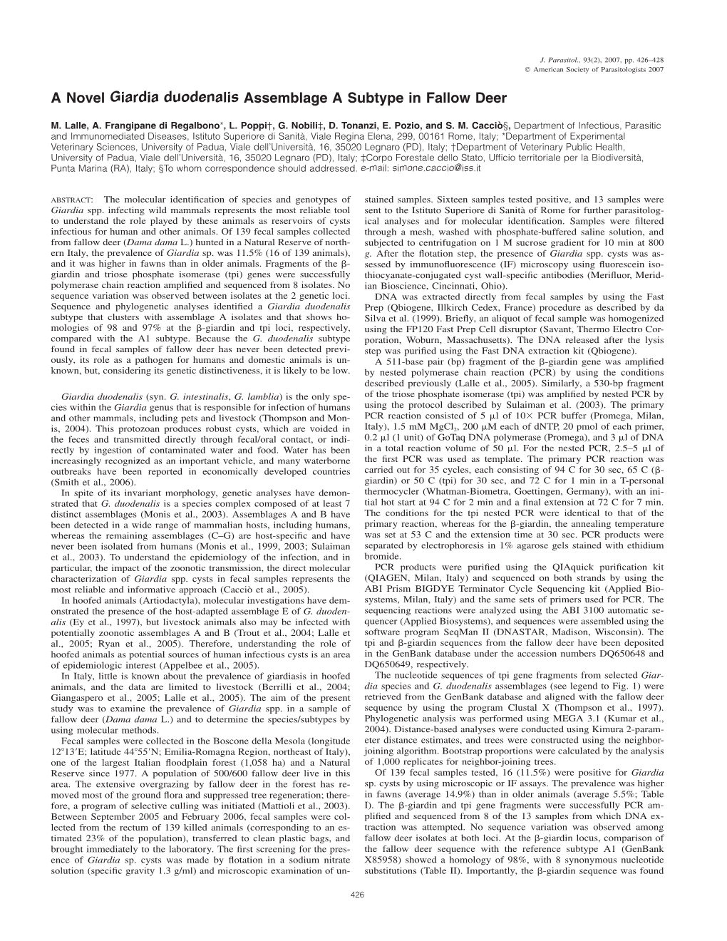 A Novel Giardia Duodenalis Assemblage a Subtype in Fallow Deer