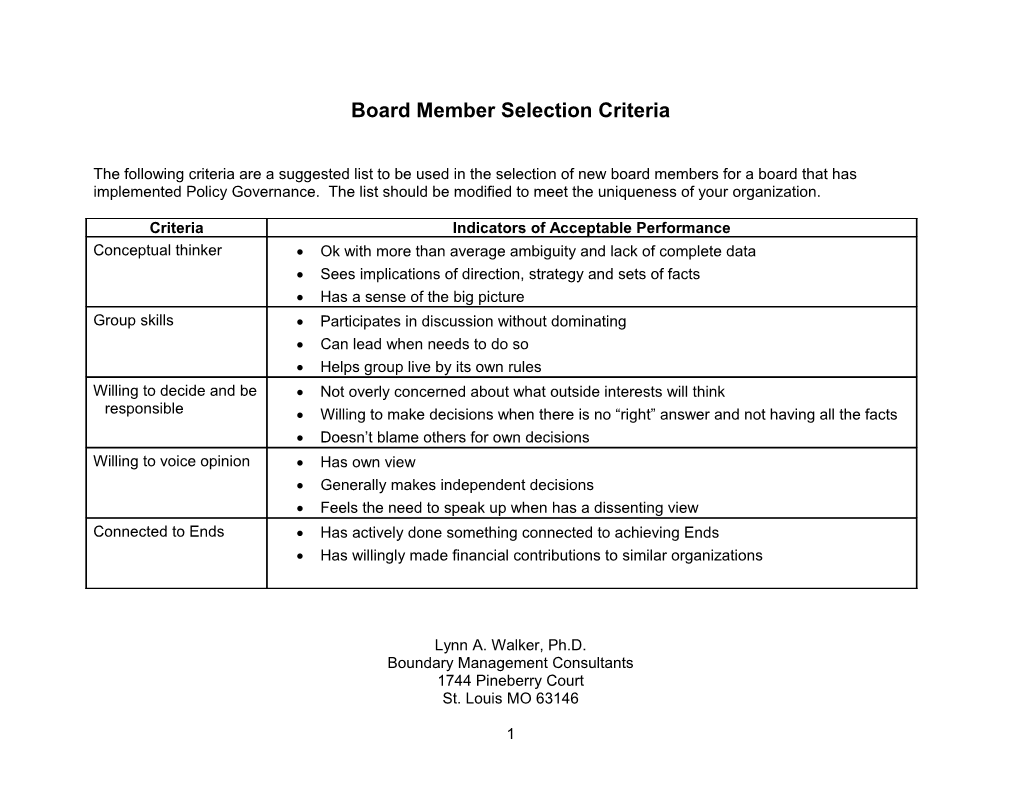 Board Member Selection Criteria