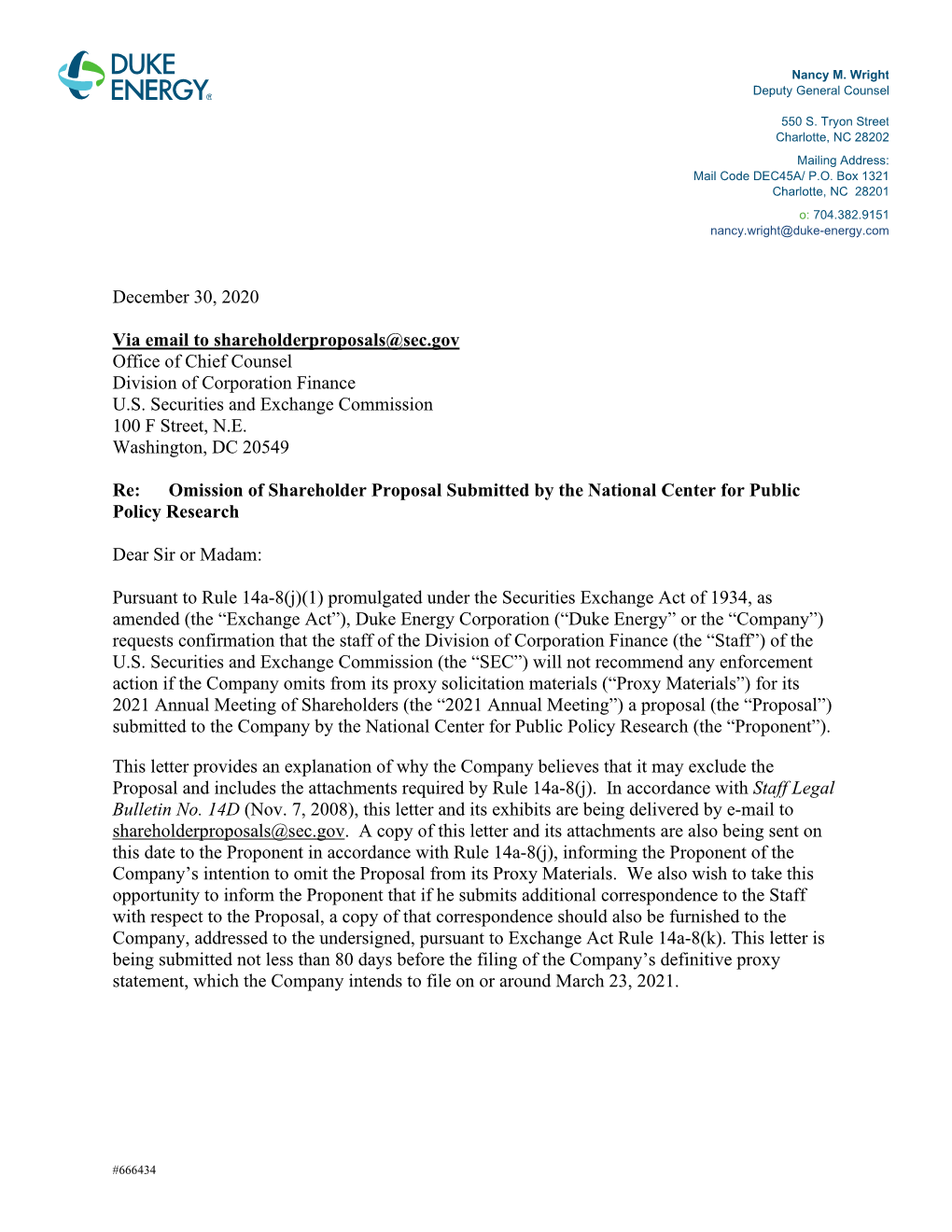 Duke Energy Corporation (“Duke Energy” Or the “Company”) Requests Confirmation That the Staff of the Division of Corporation Finance (The “Staff”) of the U.S