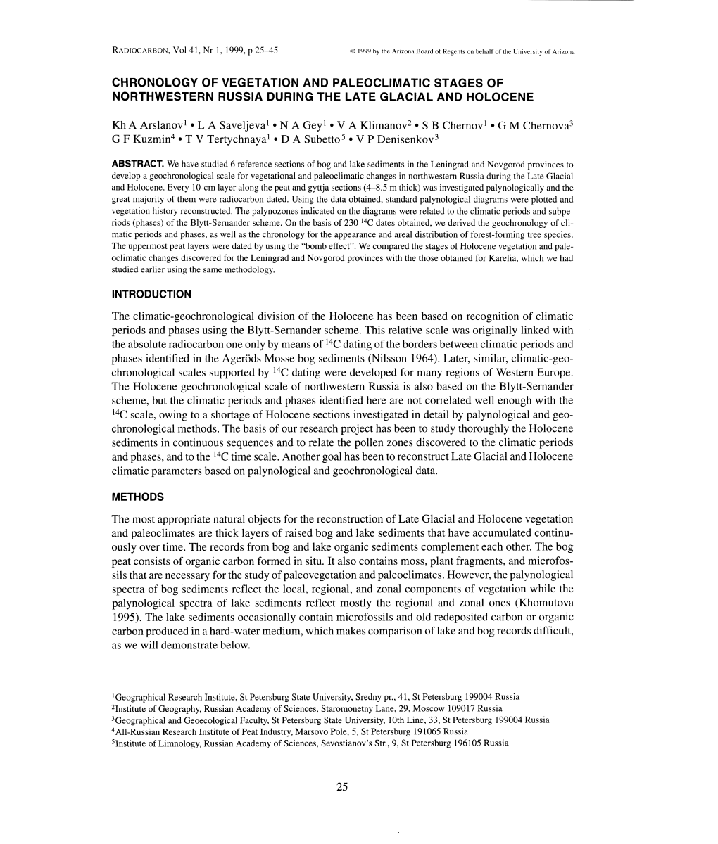 Chronology of Vegetation and Paleoclimatic Stages of Northwestern Russia During the Late Glacial and Holocene