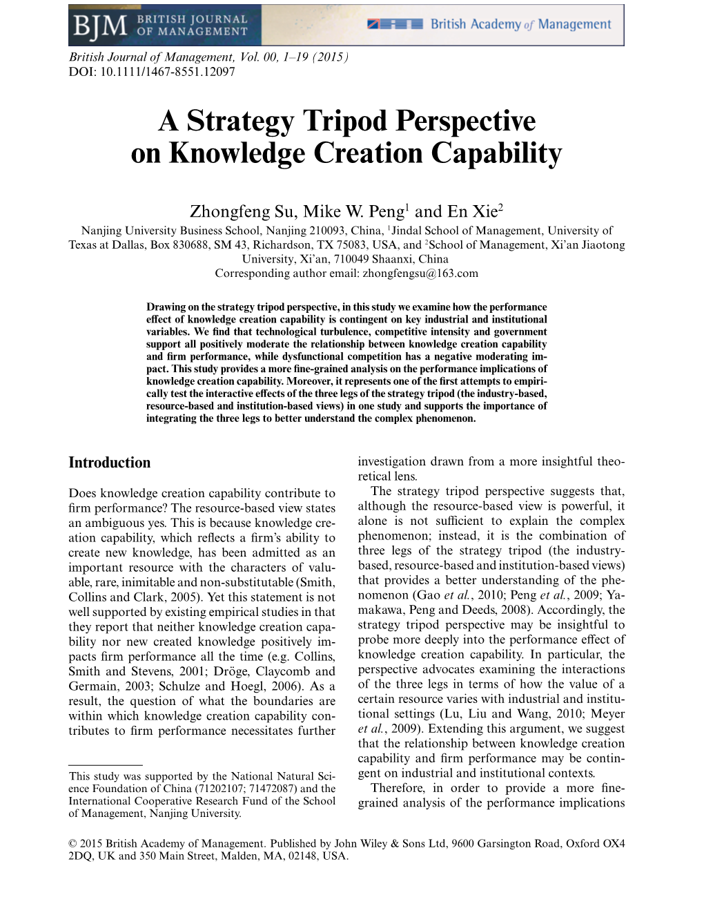 A Strategy Tripod Perspective on Knowledge Creation Capability