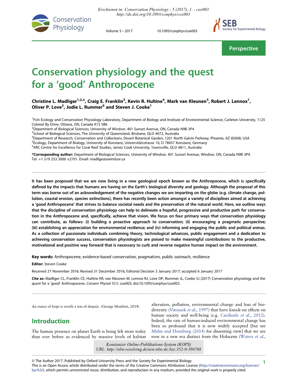Conservation Physiology and the Quest for a 'Good' Anthropocene