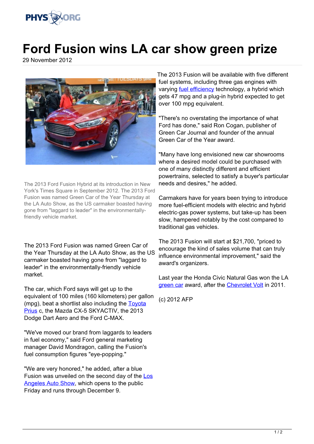 Ford Fusion Wins LA Car Show Green Prize 29 November 2012