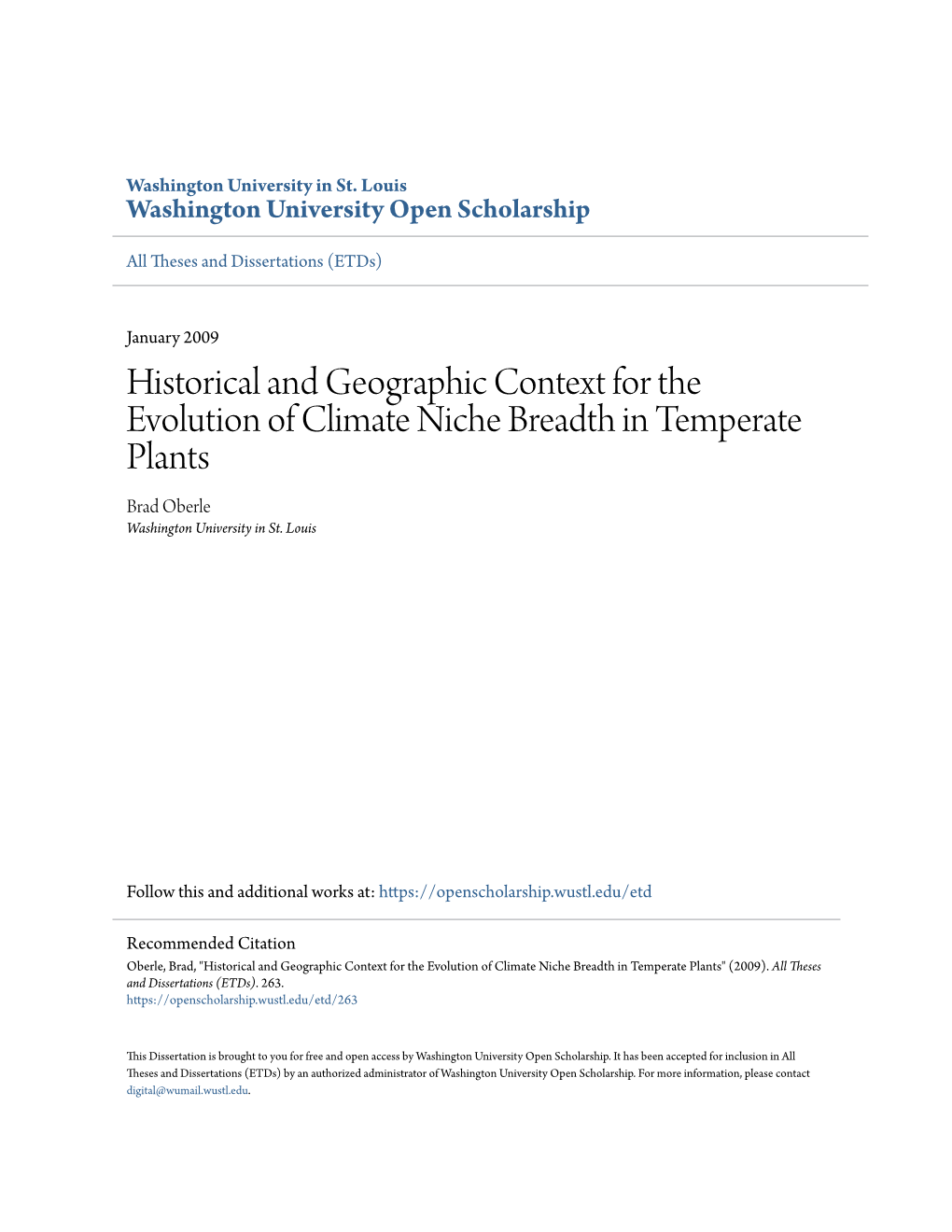 Historical and Geographic Context for the Evolution of Climate Niche Breadth in Temperate Plants Brad Oberle Washington University in St