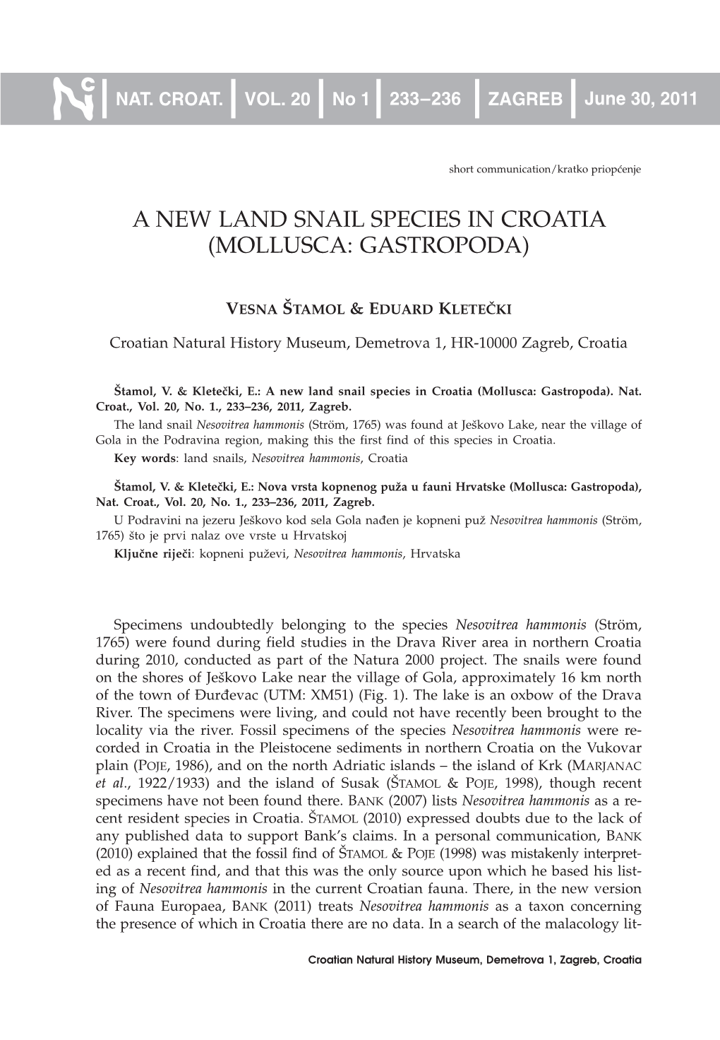 A New Land Snail Species in Croatia (Mollusca: Gastropoda)