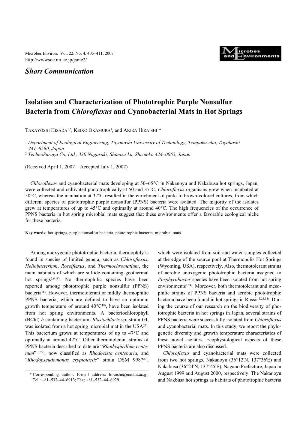 Short Communication Isolation and Characterization of Phototrophic