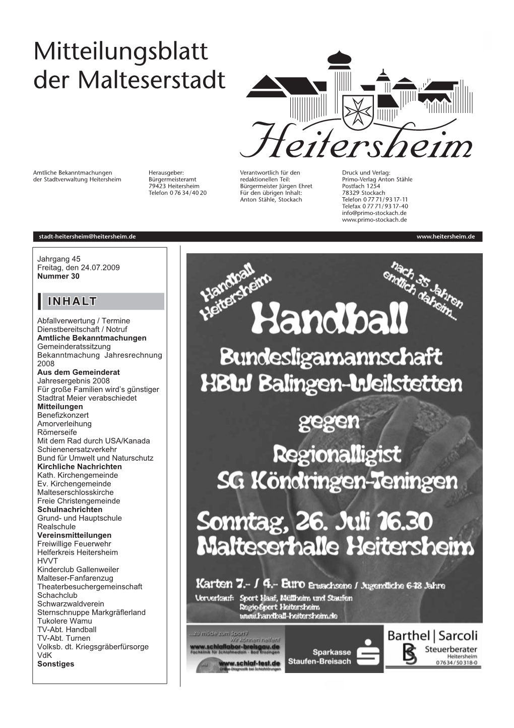 Mitteilungsblatt Nr. 30 Vom 24.07.2009