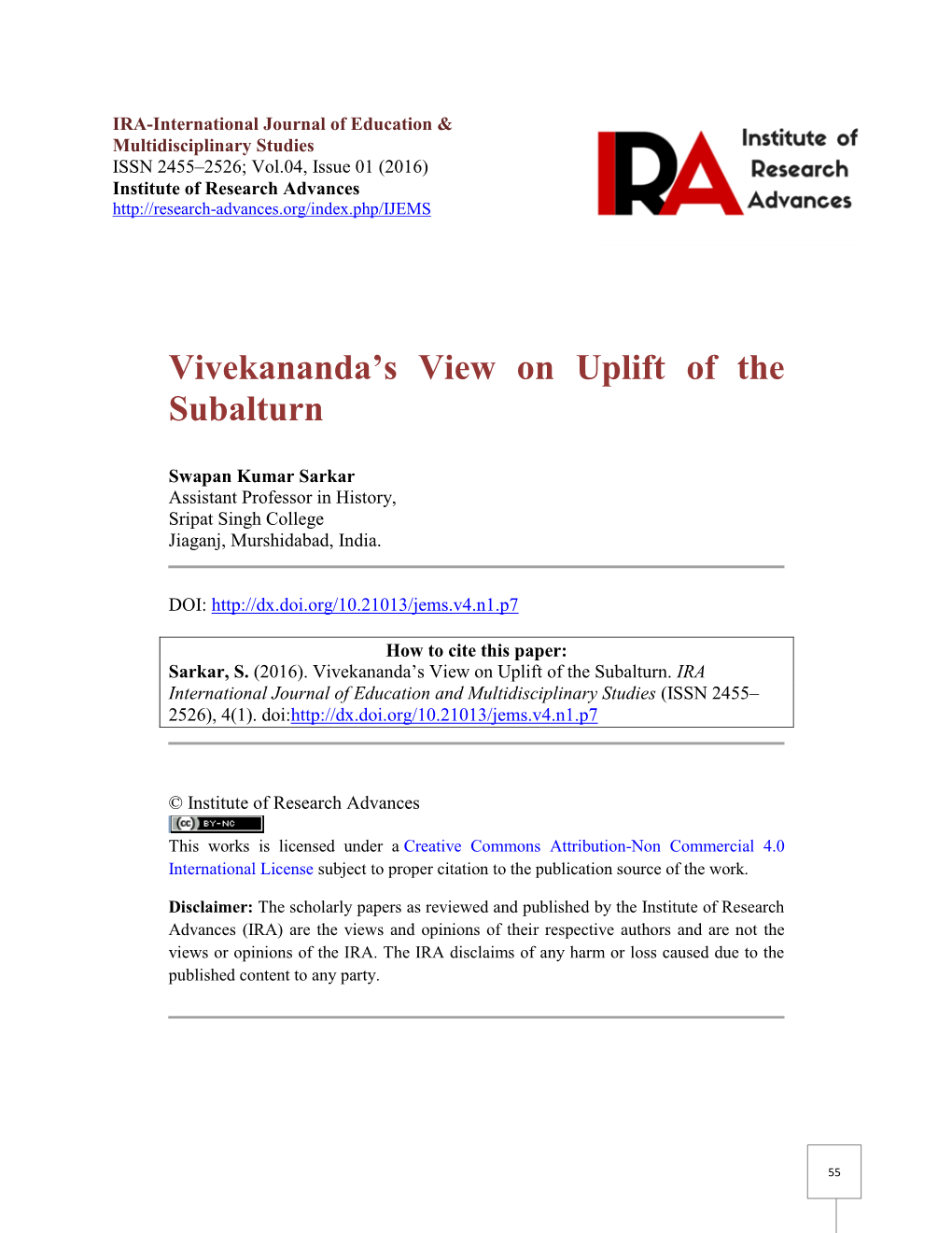 Vivekananda's View on Uplift of the Subalturn