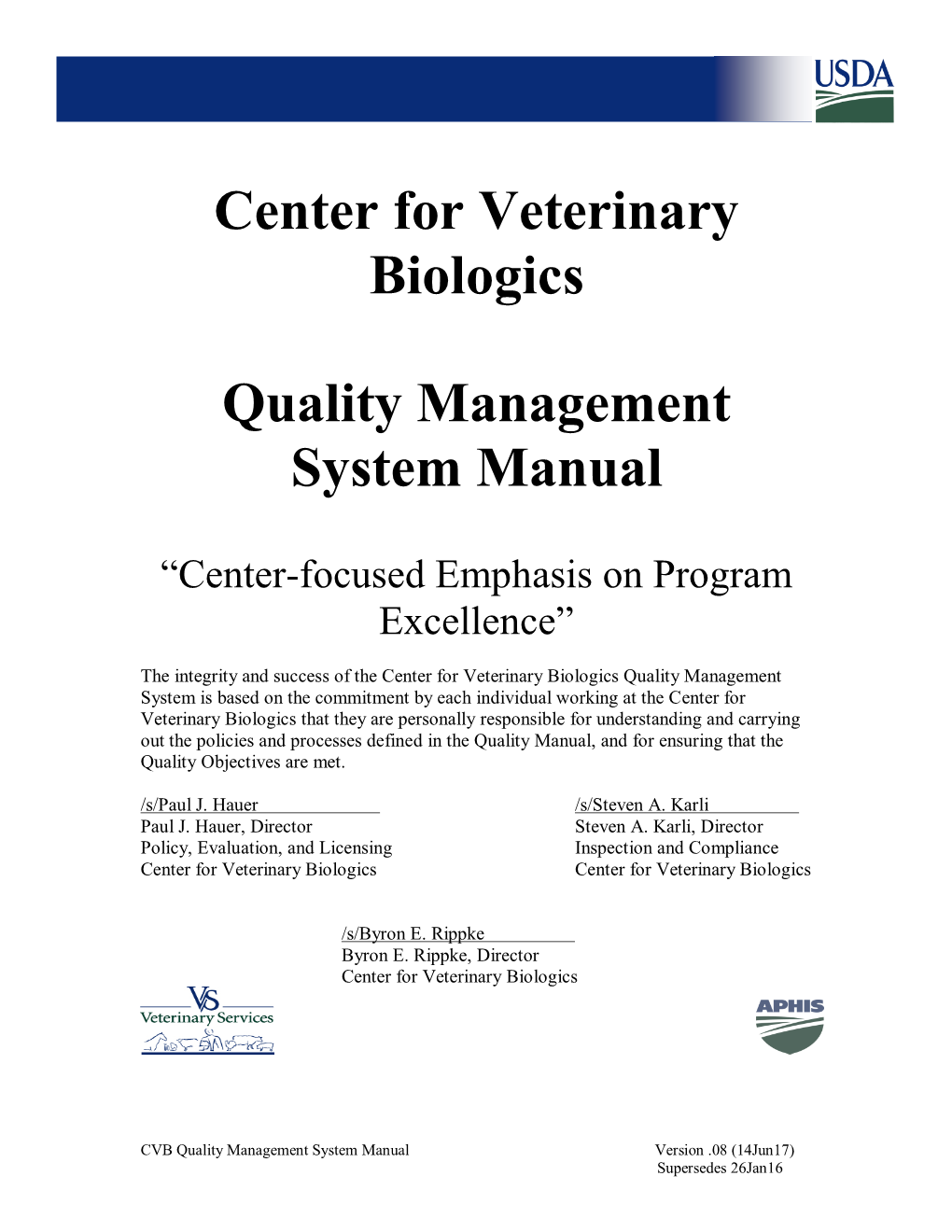 Center for Veterinary Biologics Quality Management System Manual