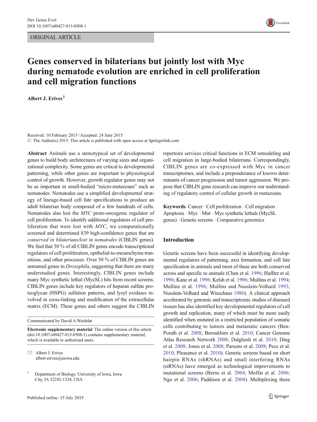 Genes Conserved in Bilaterians but Jointly Lost with Myc During Nematode Evolution Are Enriched in Cell Proliferation and Cell Migration Functions