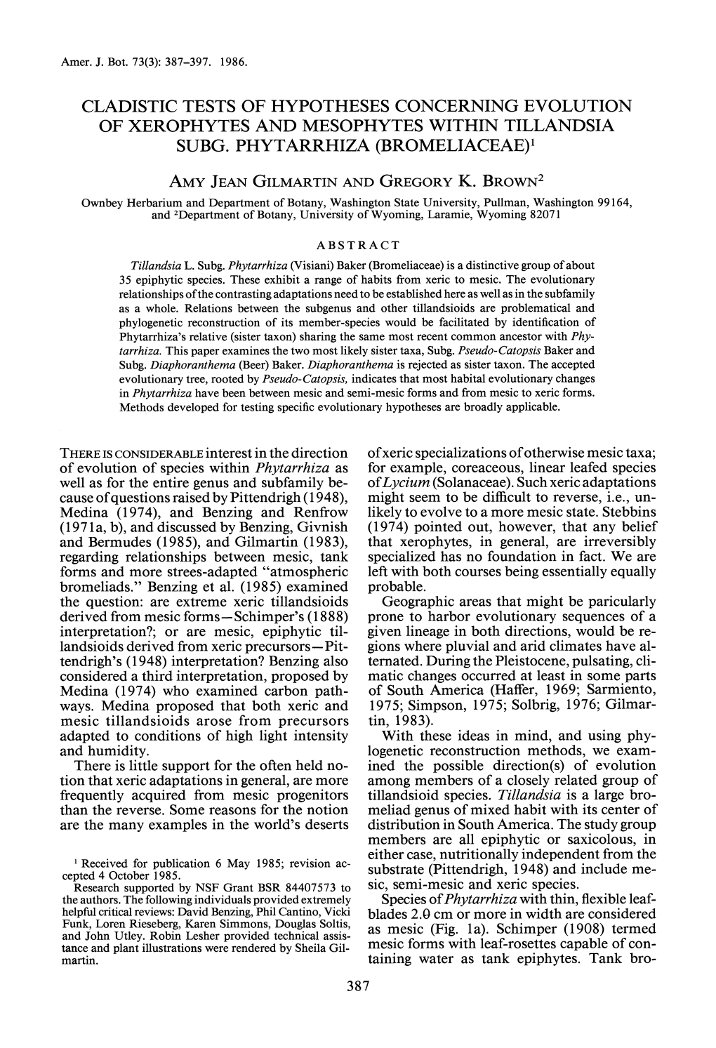 Cladistic Tests of Hypotheses Concerning Evolution of Xerophytes and Mesophytes Within Tillandsia Subg