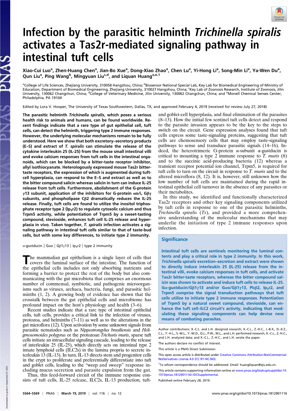 Infection by the Parasitic Helminth Trichinella Spiralis Activates a Tas2r-Mediated Signaling Pathway in Intestinal Tuft Cells