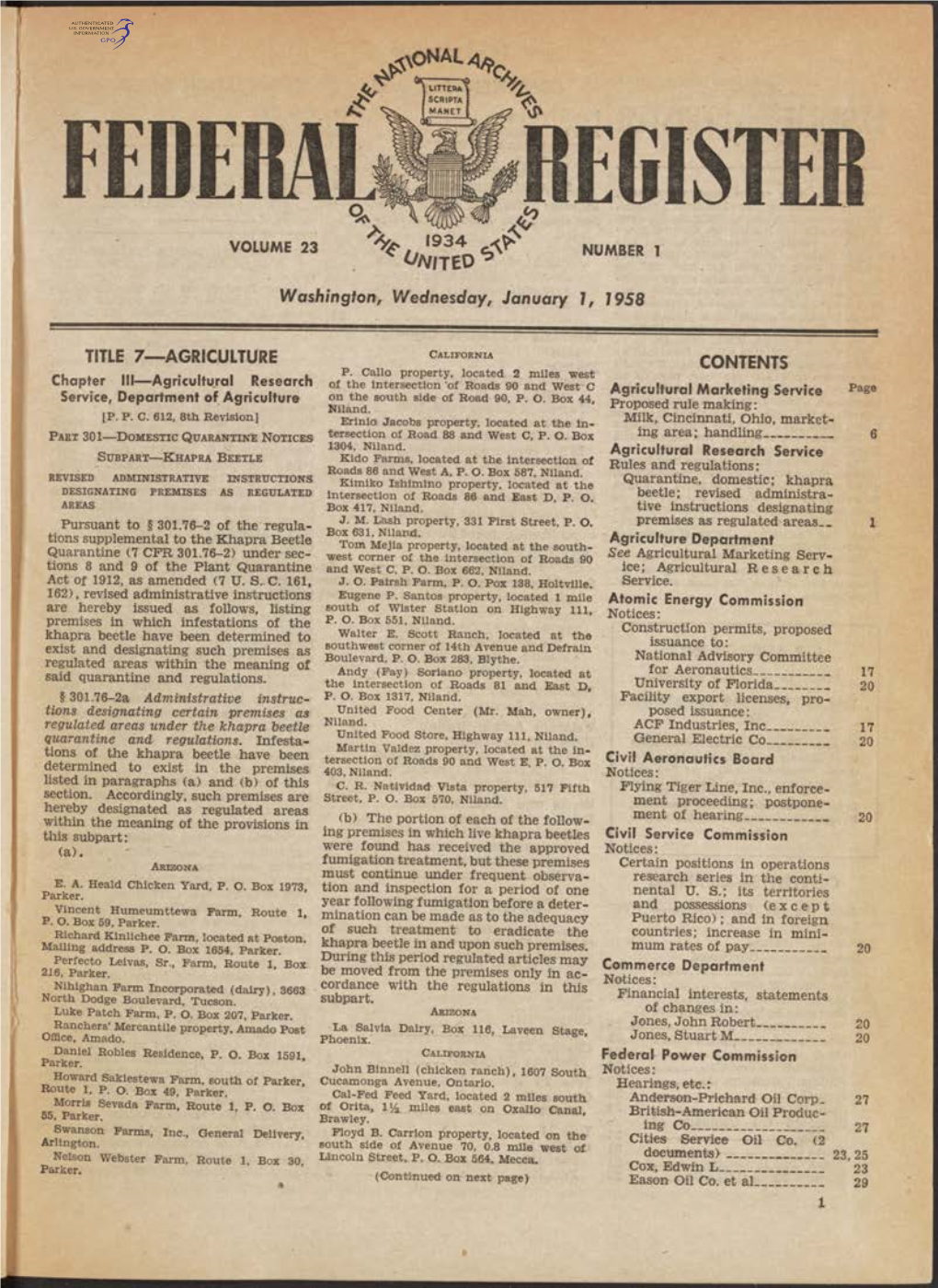 EGISTE VOLUME 23 1934 Cffi NUMBER 1 O N N to * Washington, Wednesday, January 1, 1958