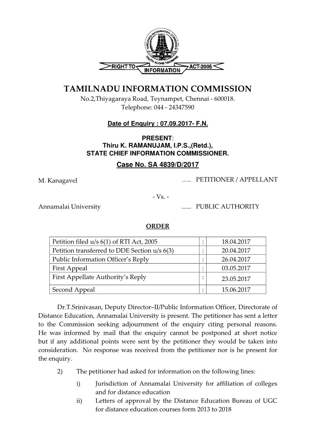 TAMILNADU INFORMATION COMMISSION No.2,Thiyagaraya Road, Teynampet, Chennai - 600018