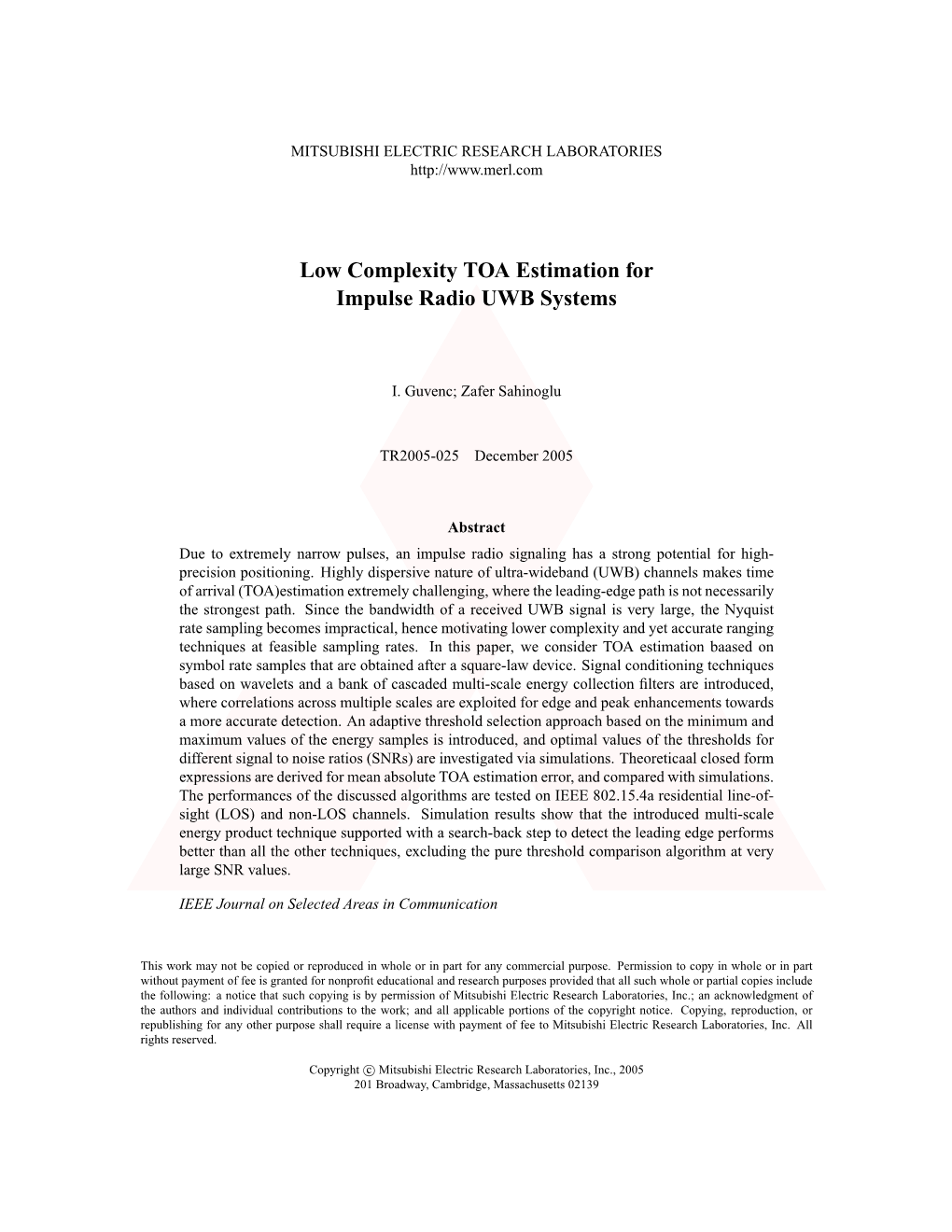 Low Complexity TOA Estimation for Impulse Radio UWB Systems