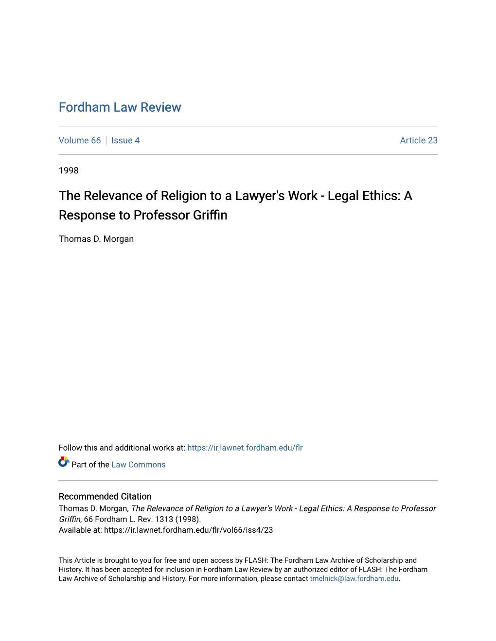 The Relevance of Religion to a Lawyer's Work - Legal Ethics: a Response to Professor Griffin