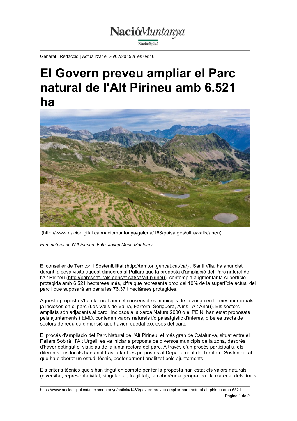 El Govern Preveu Ampliar El Parc Natural De L'alt Pirineu Amb 6.521 Ha