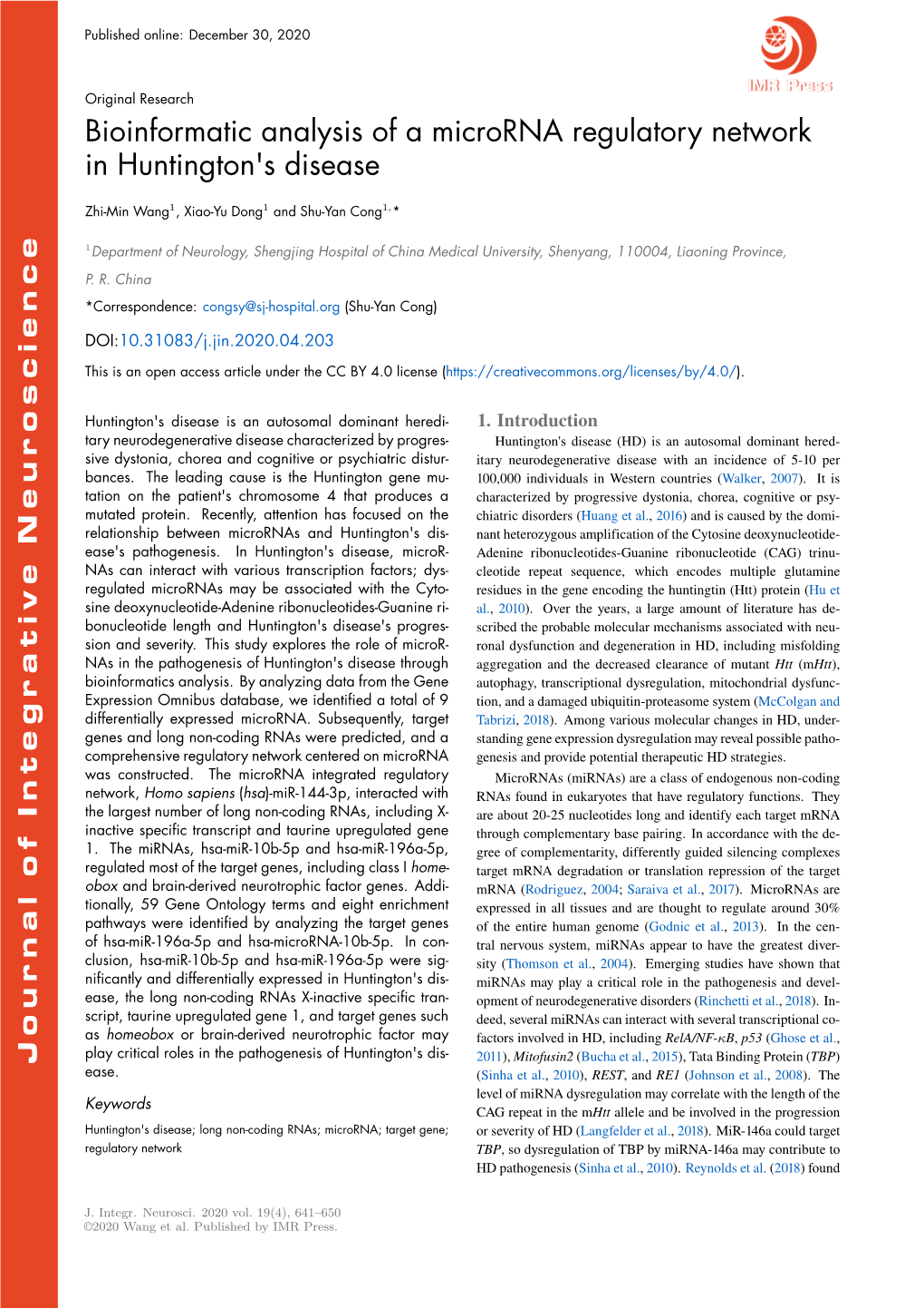 Bioinformatic Analysis of a Microrna Regulatory Network in Huntington's Disease