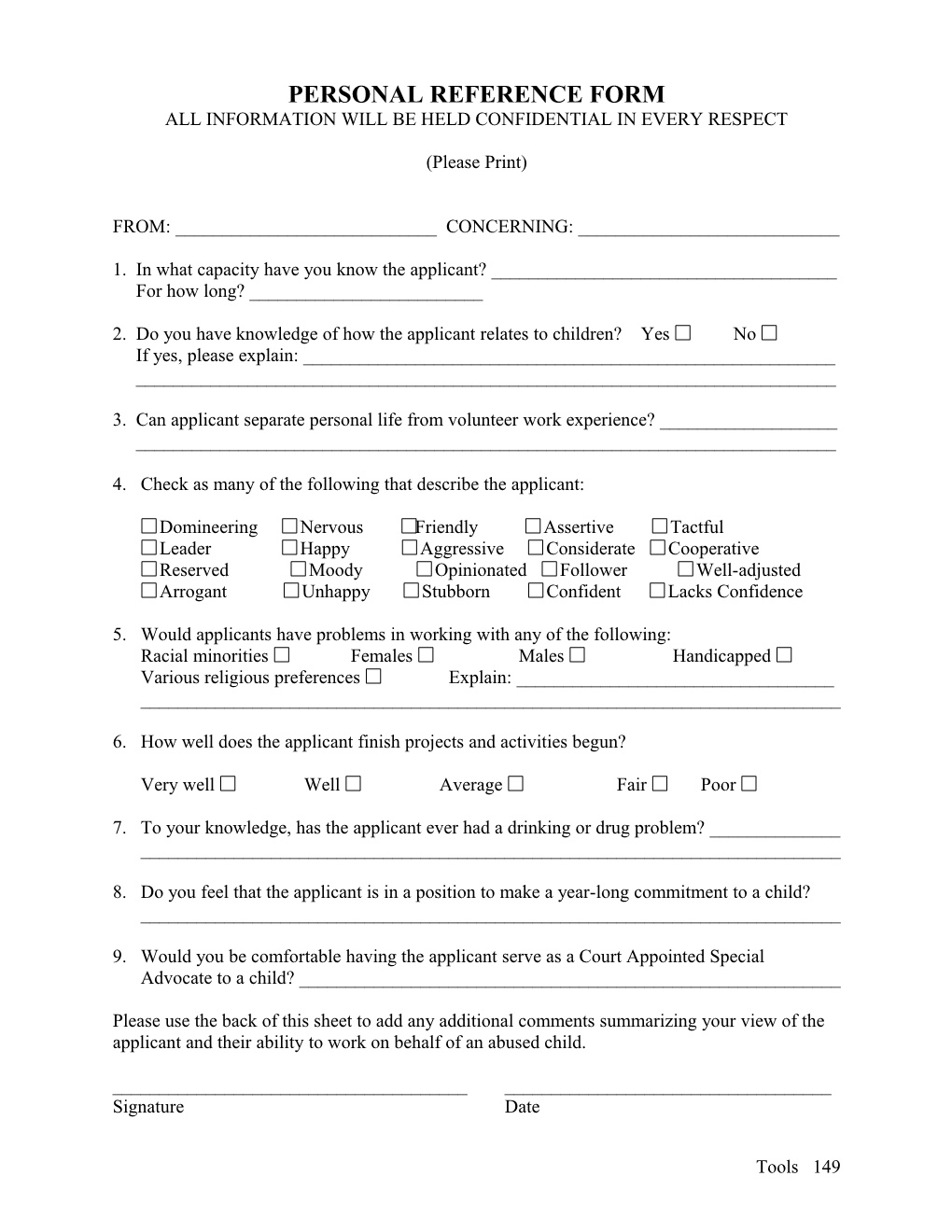 Sample Personal Reference Form