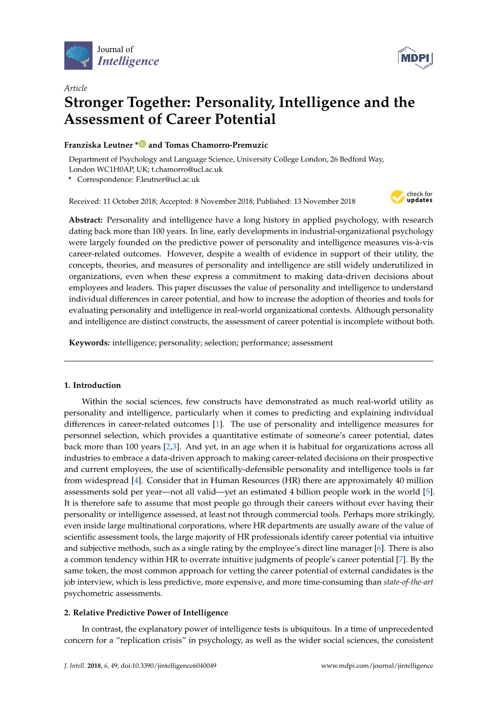 Personality, Intelligence and the Assessment of Career Potential