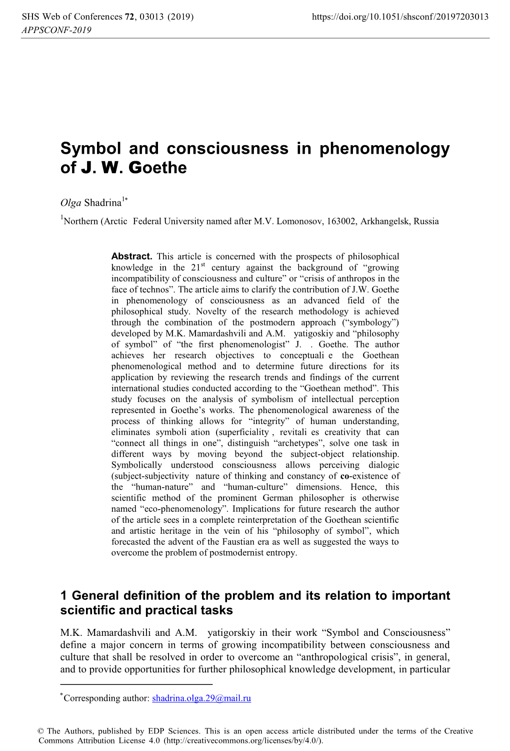 Symbol and Consciousness in Phenomenology of J. W. Goethe