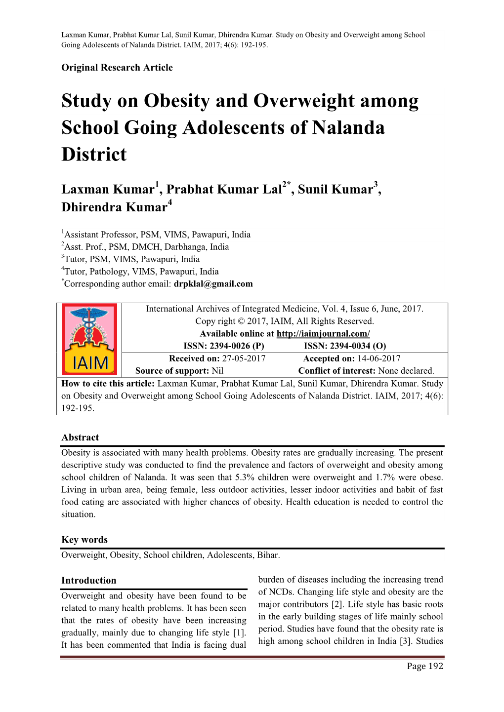 Study on Obesity and Overweight Among School Going Adolescents of Nalanda District