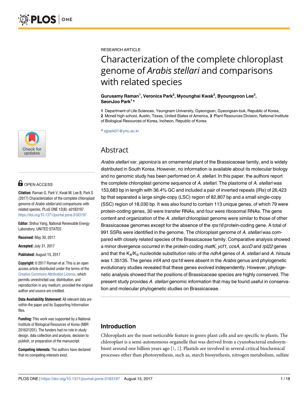 Characterization of the Complete Chloroplast Genome of Arabis Stellari and Comparisons with Related Species