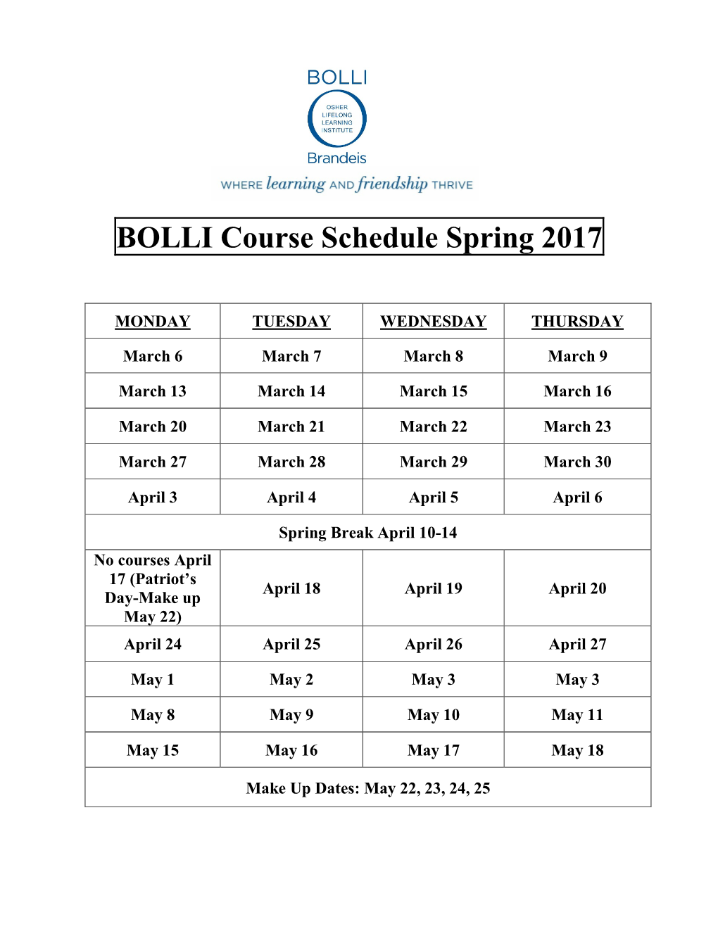 BOLLI Course Schedule Spring 2017