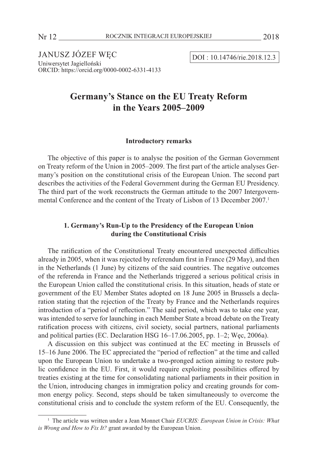 Germany's Stance on the EU Treaty Reform in the Years 2005–2009