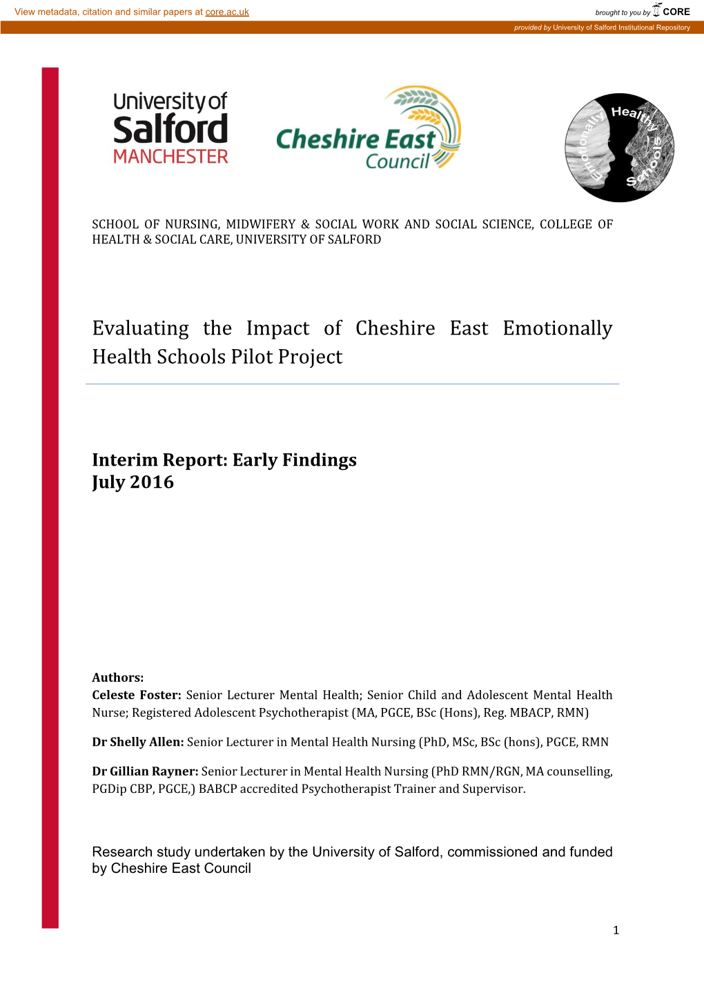 Evaluating the Impact of Cheshire East Emotionally Health Schools Pilot Project