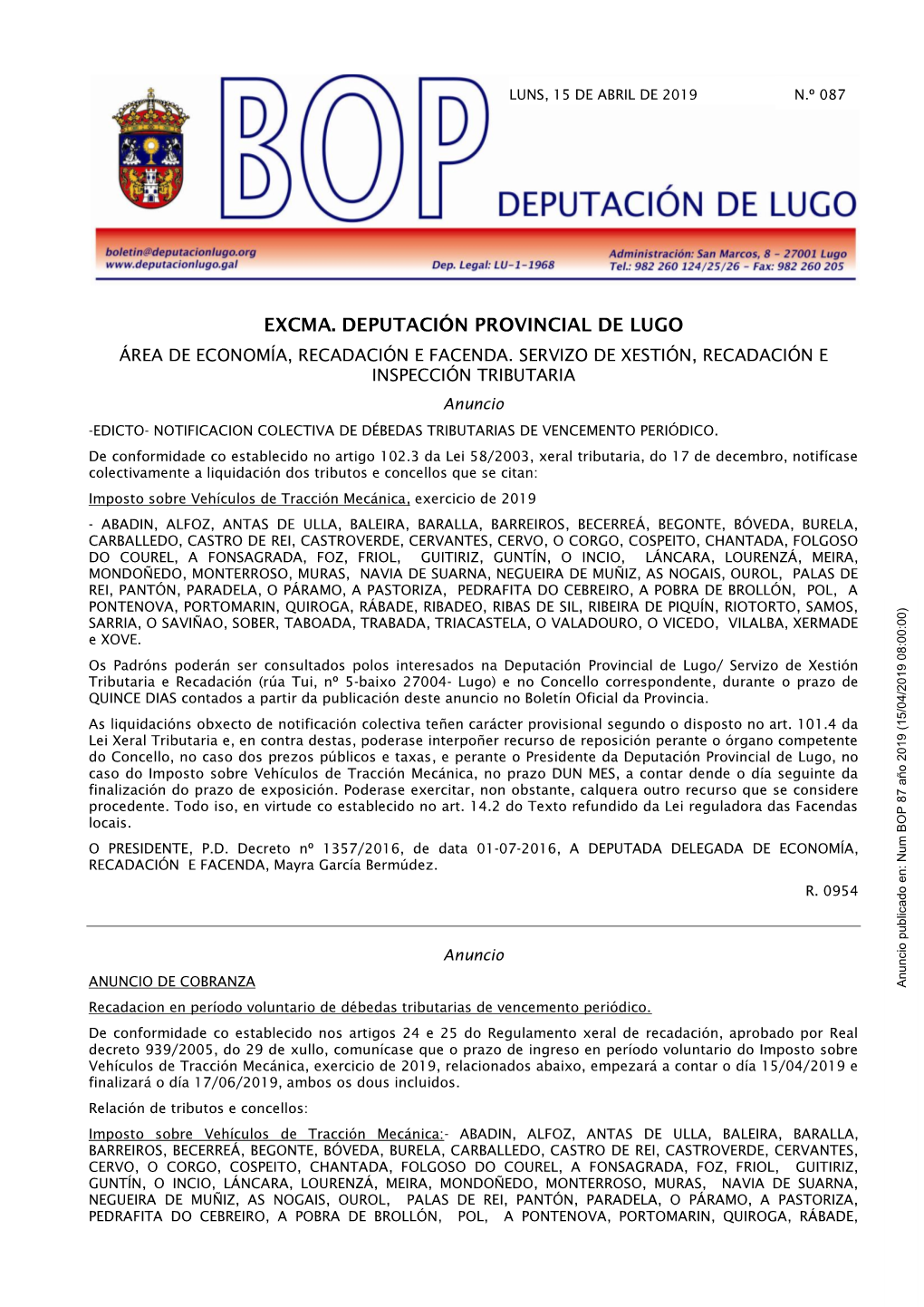 Excma. Deputación Provincial De Lugo Área De Economía, Recadación E Facenda