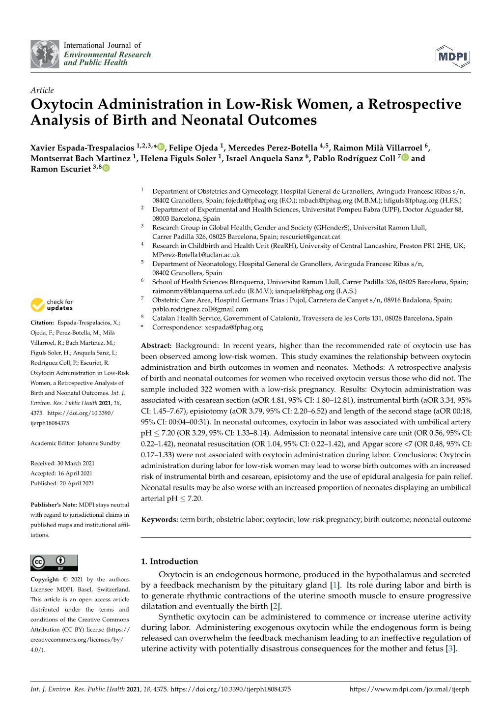 Oxytocin Administration in Low-Risk Women, a Retrospective Analysis of Birth and Neonatal Outcomes