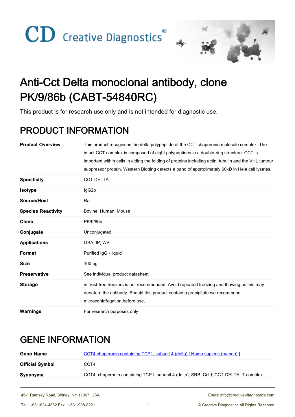 Anti-Cct Delta Monoclonal Antibody, Clone PK/9/86B (CABT-54840RC) This Product Is for Research Use Only and Is Not Intended for Diagnostic Use