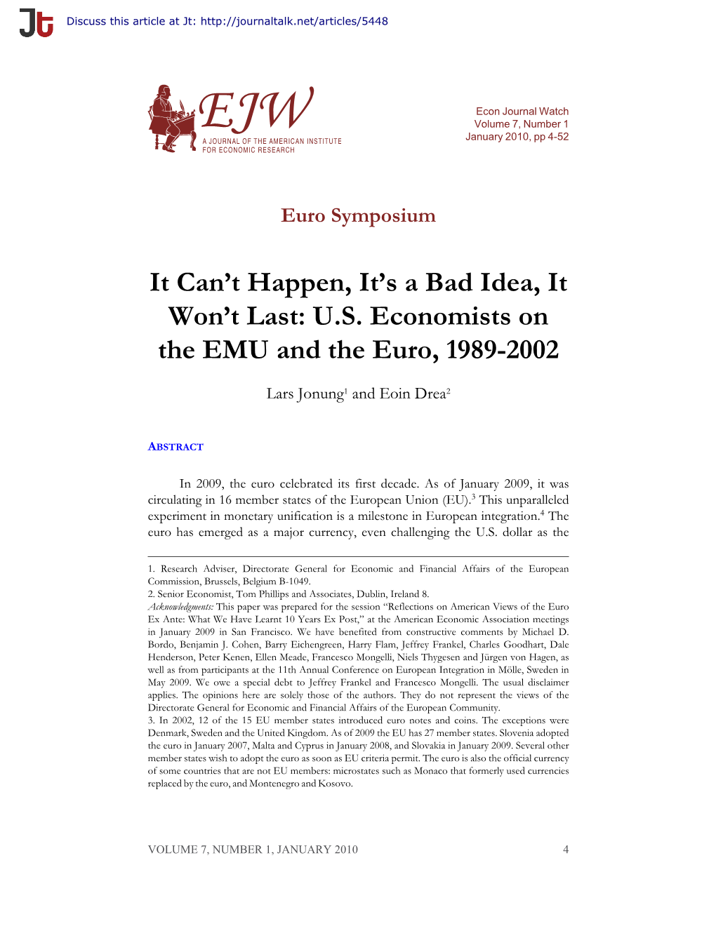 US Economists on the EMU and the Euro, 1989-2002