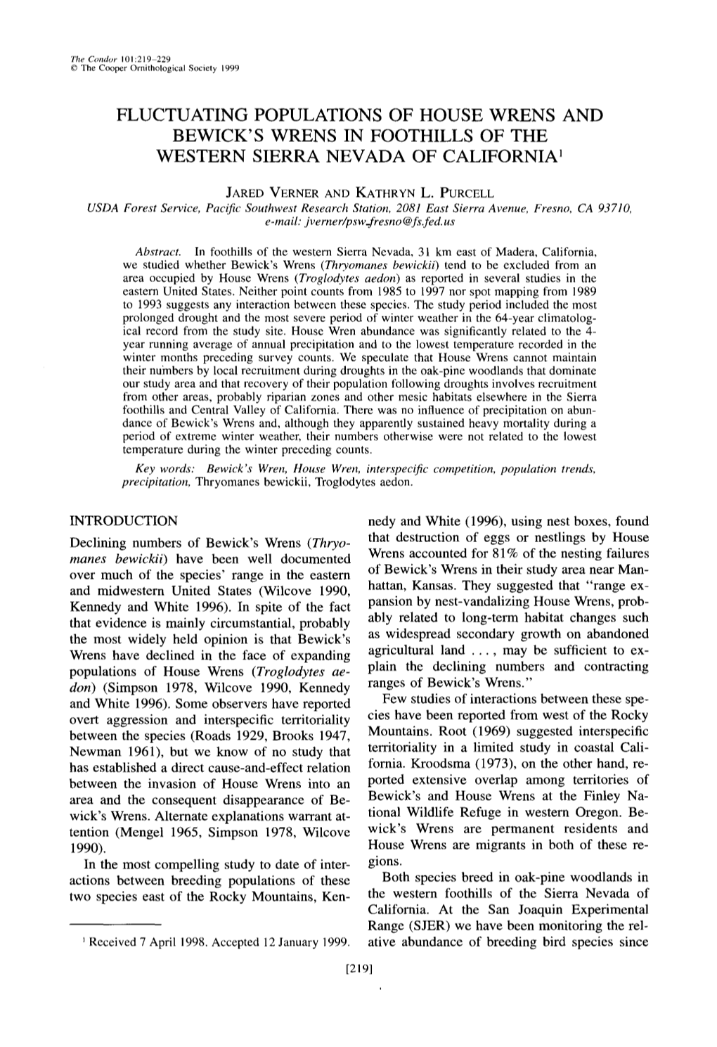 Fluctuating Populations of House Wrens and Bewick's Wrens In