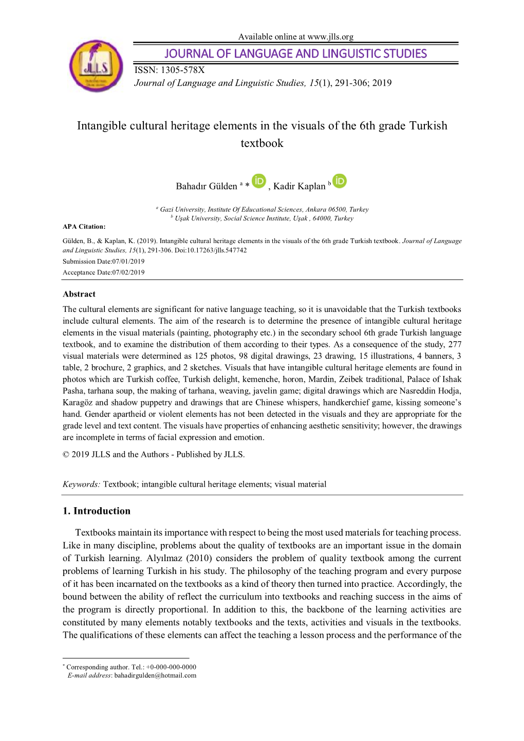 Intangible Cultural Heritage Elements in the Visuals of the 6Th Grade Turkish Textbook