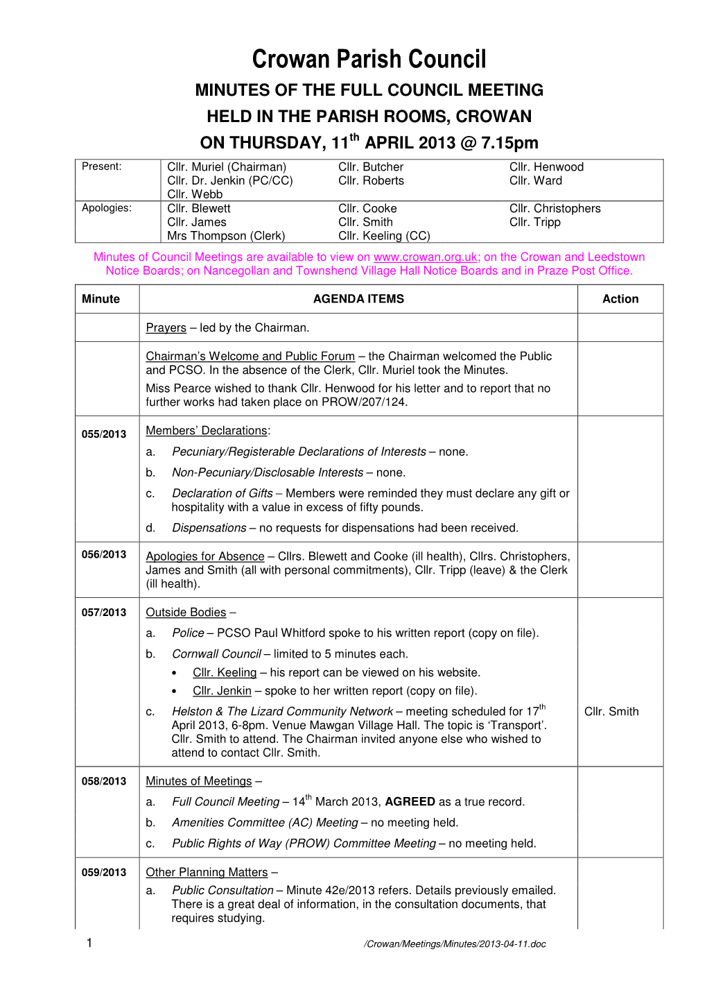 Crowan Minutes 2013-04-11