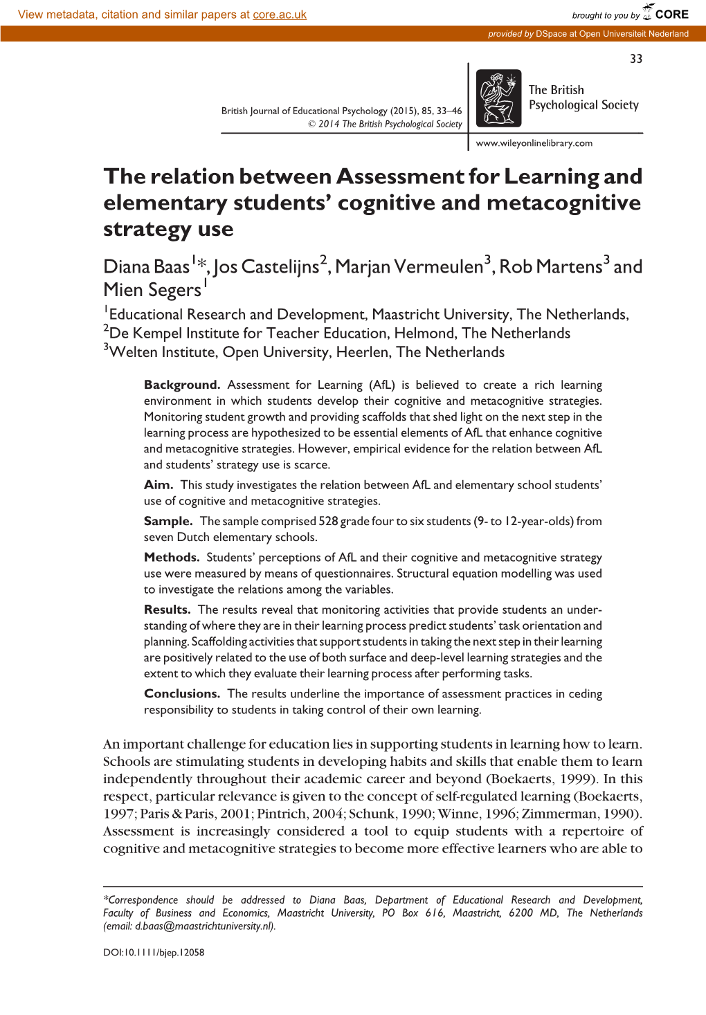 The Relation Between Assessment for Learning and Elementary Students&