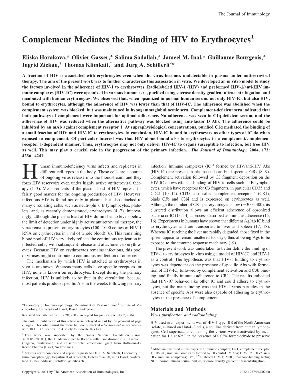 Erythrocytes Complement Mediates the Binding of HIV To