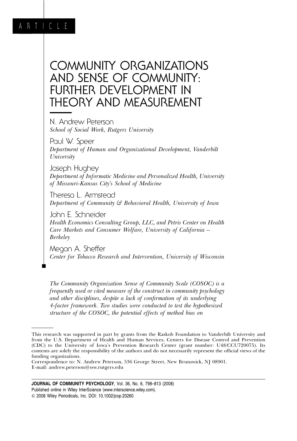 Community Organizations and Sense of Community: Further Development in Theory and Measurement