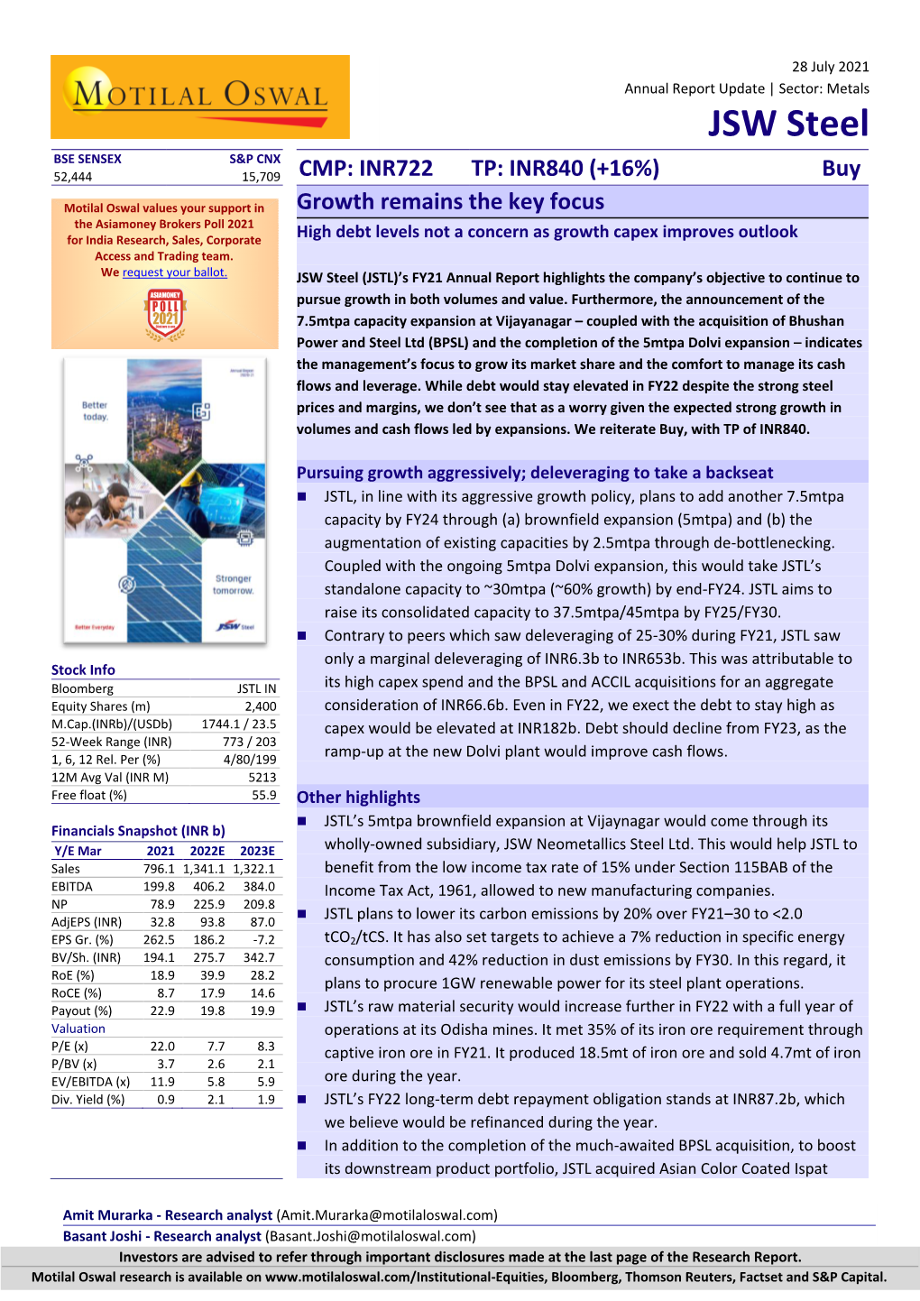 JSW Steel BSE SENSEX S&P CNX 52,444 15,709 CMP: INR722 TP: INR840 (+16%) Buy