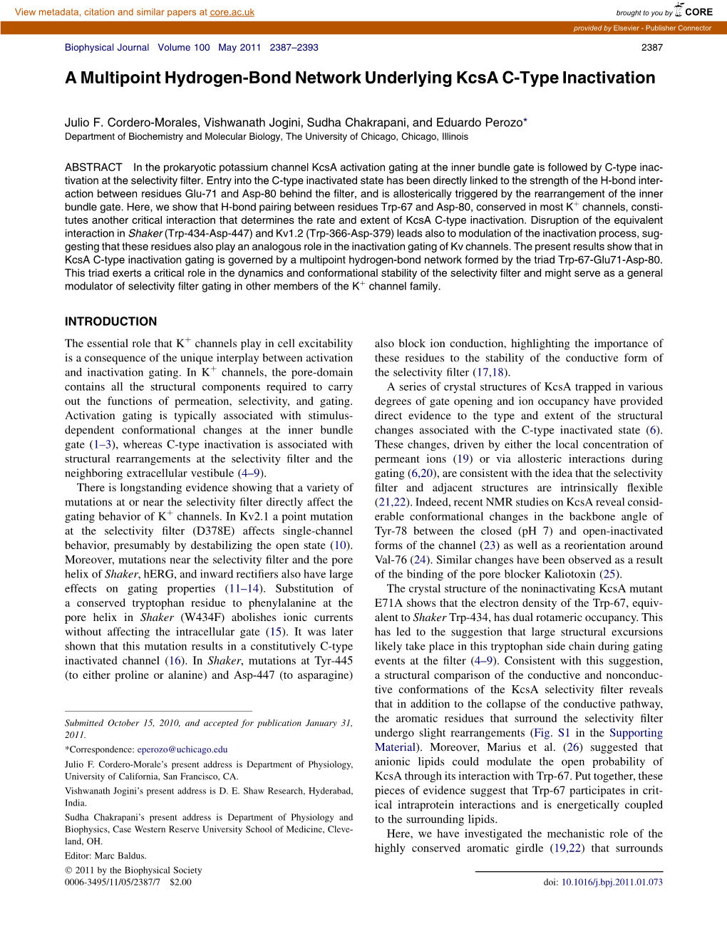 A Multipoint Hydrogen-Bond Network Underlying Kcsa C-Type Inactivation