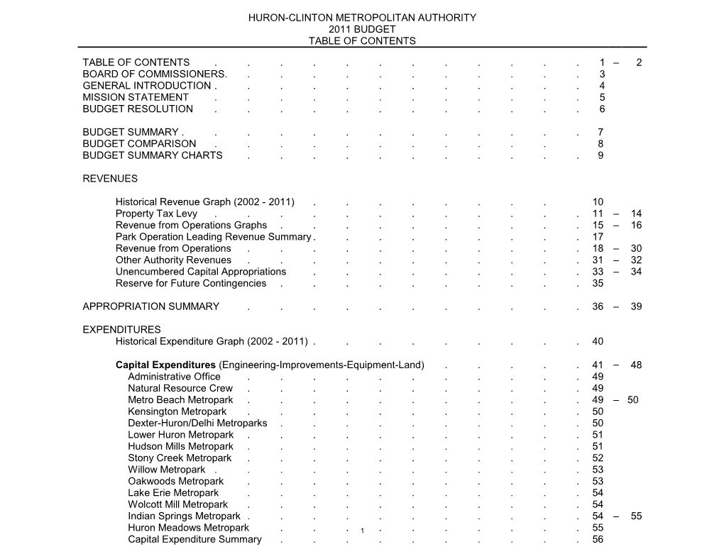 Huron-Clinton Metropolitan Authority 2011 Budget Table of Contents