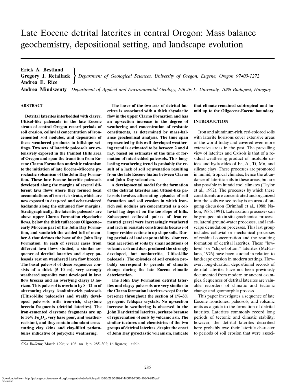 Late Eocene Detrital Laterites in Central Oregon: Mass Balance Geochemistry, Depositional Setting, and Landscape Evolution