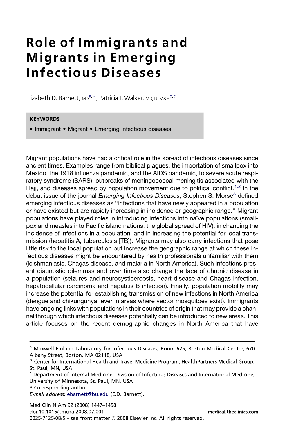 Role of Immigrants and Migrants in Emerging Infectious Diseases