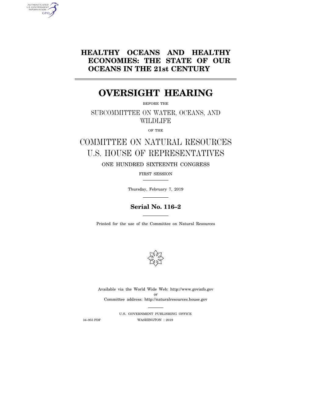 Oversight Hearing Committee on Natural Resources U.S. House of Representatives