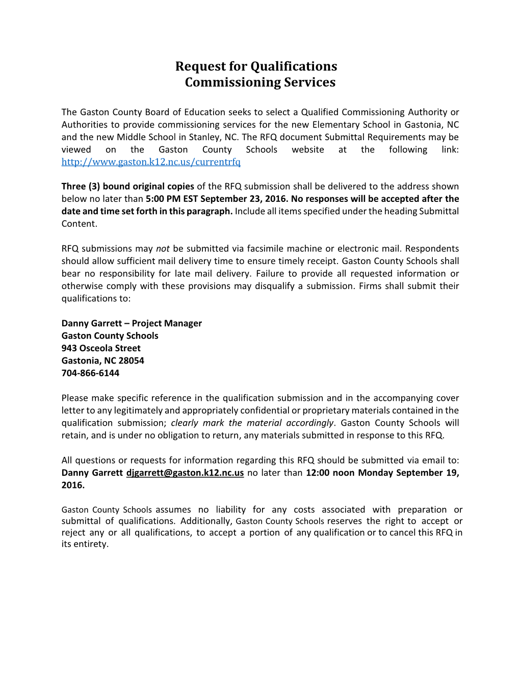 Request for Qualifications Commissioning Services