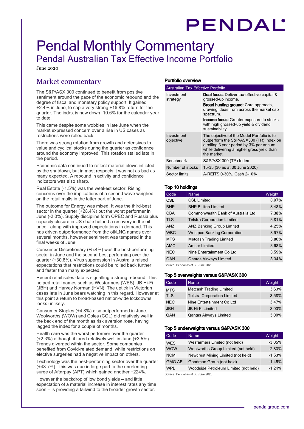 Pendal Monthly Commentary Pendal Australian Tax Effective Income Portfolio June 2020