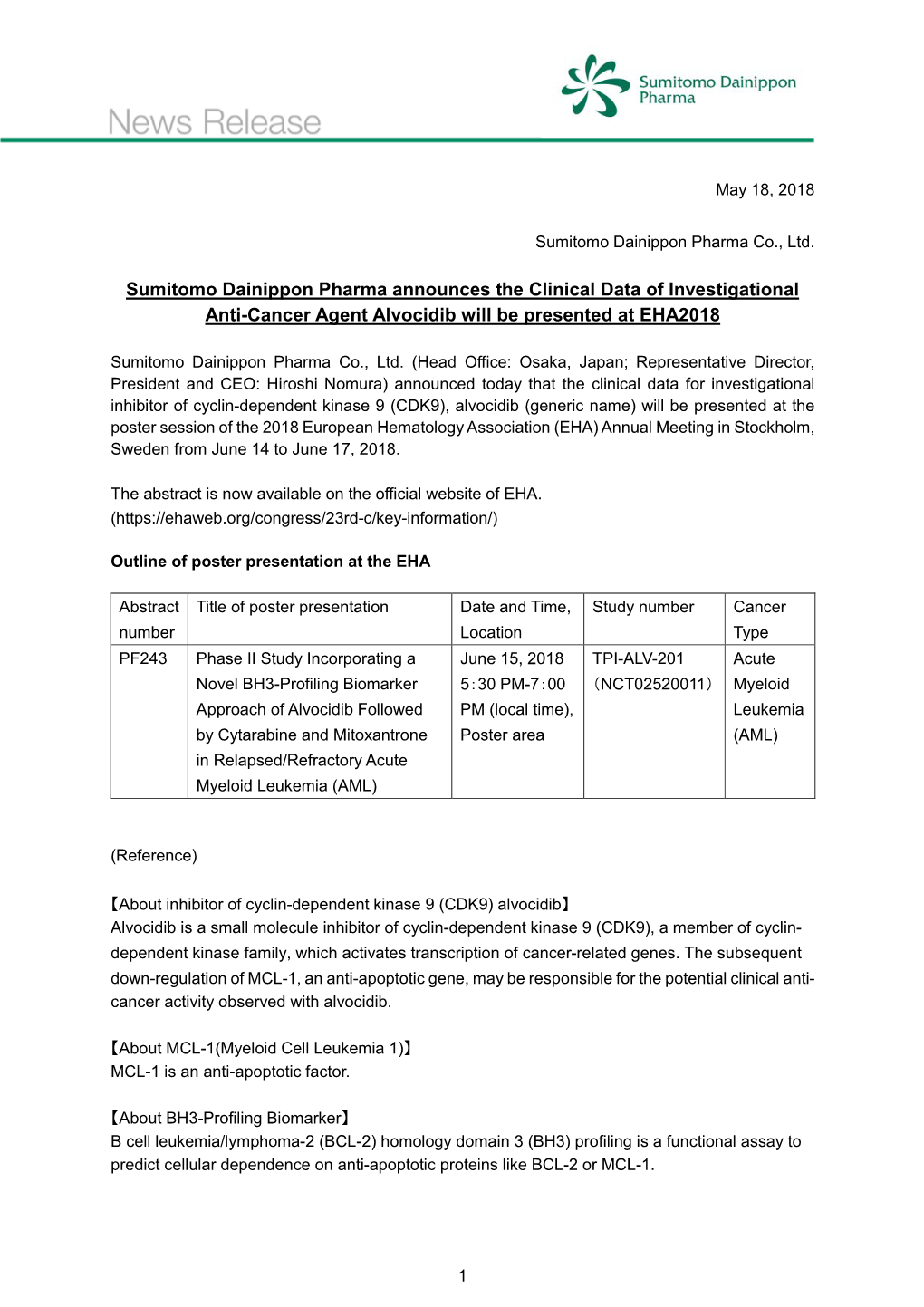 Sumitomo Dainippon Pharma Announces the Clinical Data of Investigational Anti-Cancer Agent Alvocidib Will Be Presented at EHA2018